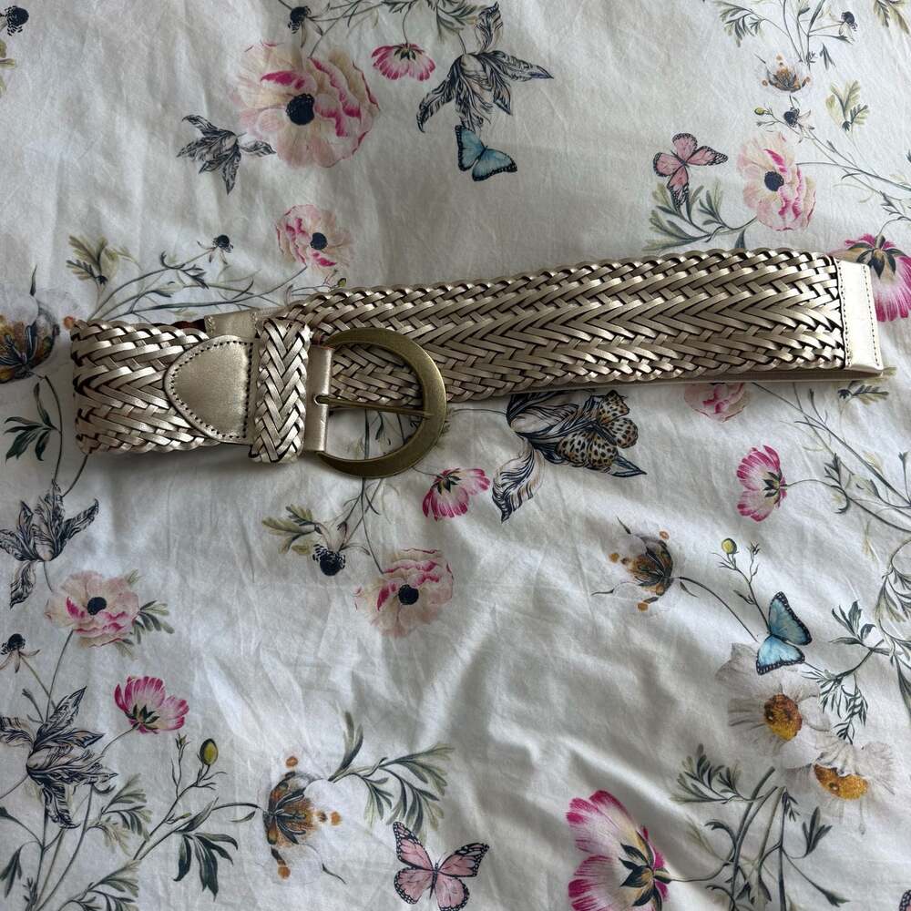 Anthropologie Metallic Gold Woven Braided Genuine Leather and Elastic Waist Belt